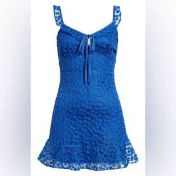 NWT LuLu’s Royal Blue Floral Appliqué Overlay Summer Mini Dress - Picture 1 of 4